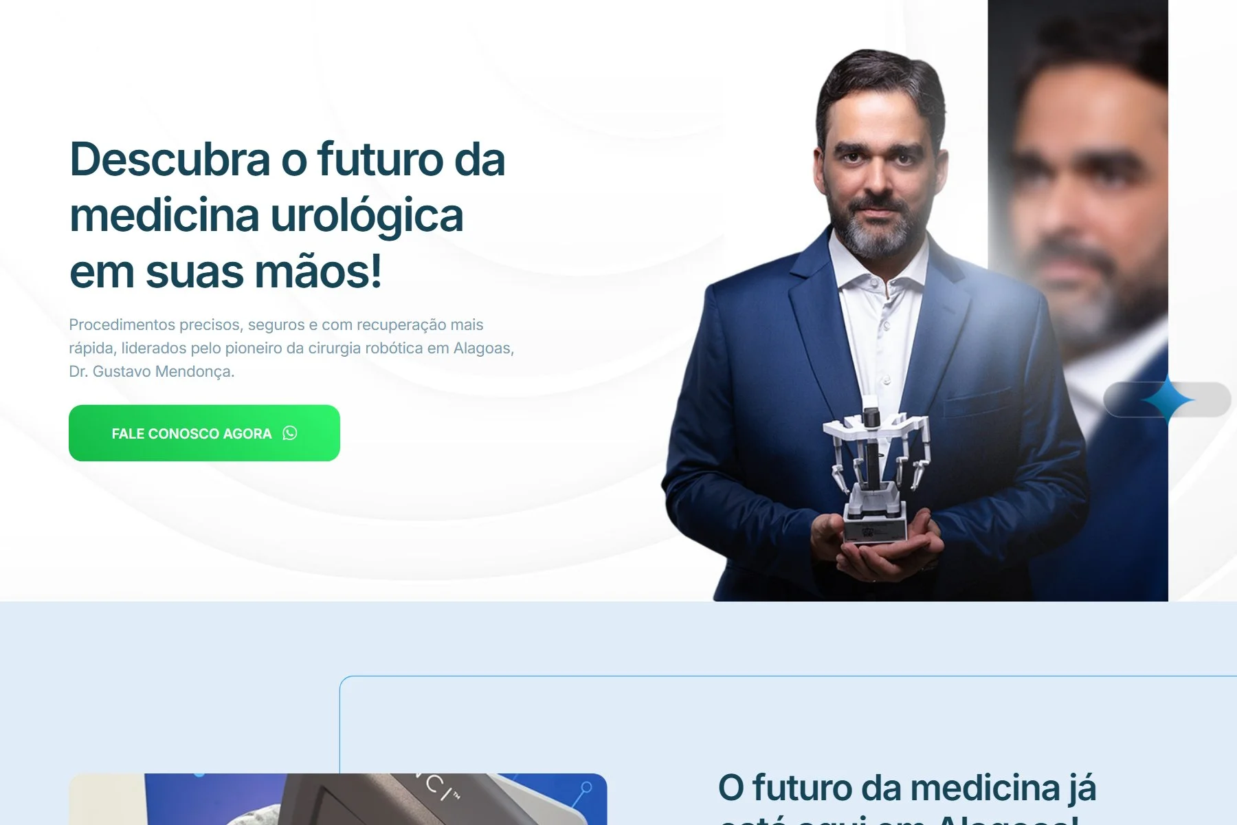 A primeira tela do site do Dr. Gustavo Mendonça, com a foto do médico e o título "Descubra o futuro da medicina urológica em suas mãos"