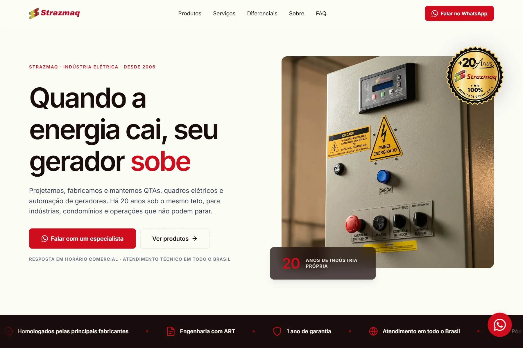 A primeira tela da página da Strazmaq, com um quadro de transferência de gerador e o título "Quando a energia cai, seu gerador sobe"