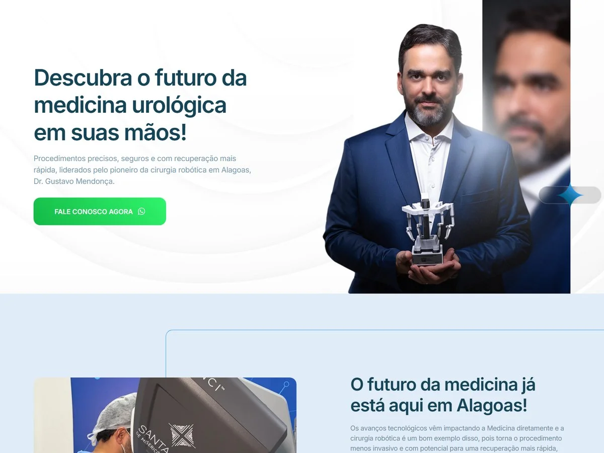 A primeira tela do site do Dr. Gustavo Mendonça, com a foto do médico e o título sobre cirurgia robótica em urologia