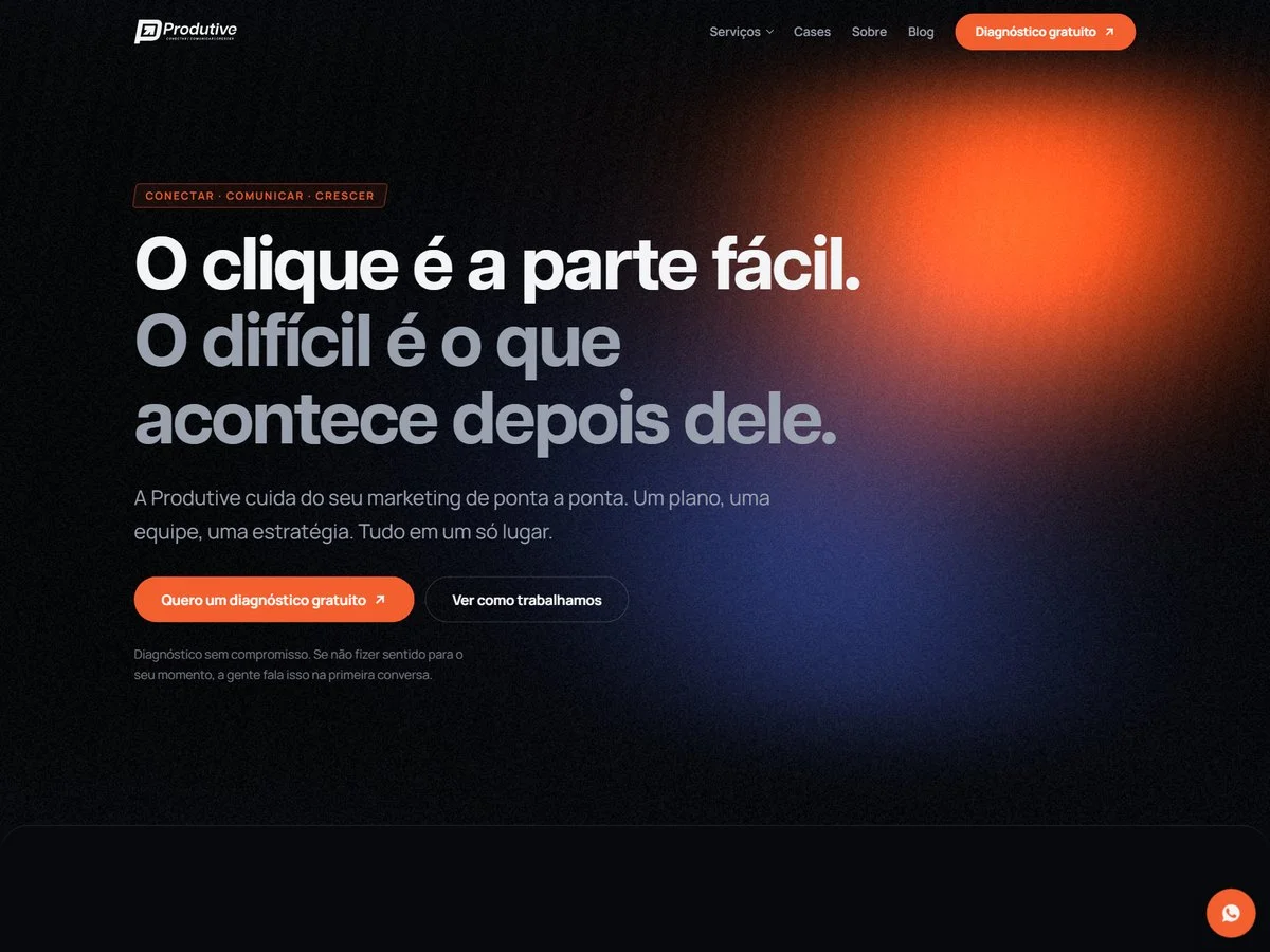 A primeira tela do site da Agência Produtive, com o título sobre o fundo de luz laranja e azul