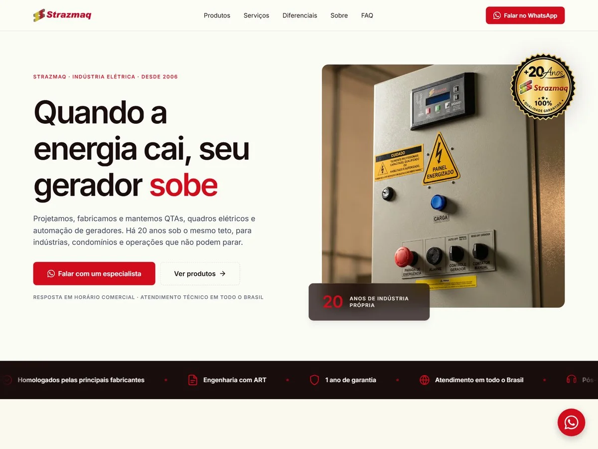 A primeira tela da página da Strazmaq, com um quadro de transferência de gerador e o título "Quando a energia cai, seu gerador sobe"
