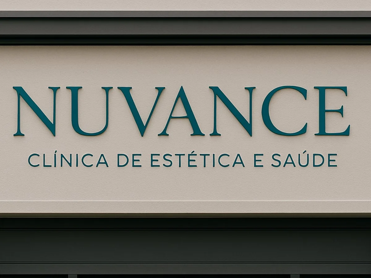 Letreiro da Nuvance em relevo azul-petróleo sobre uma fachada clara