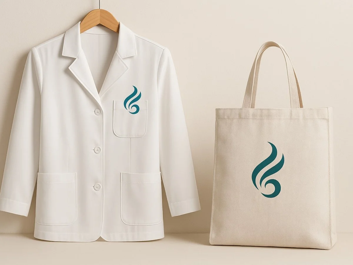 Jaleco branco com o símbolo da Nuvance no peito, ao lado de uma ecobag com o símbolo grande