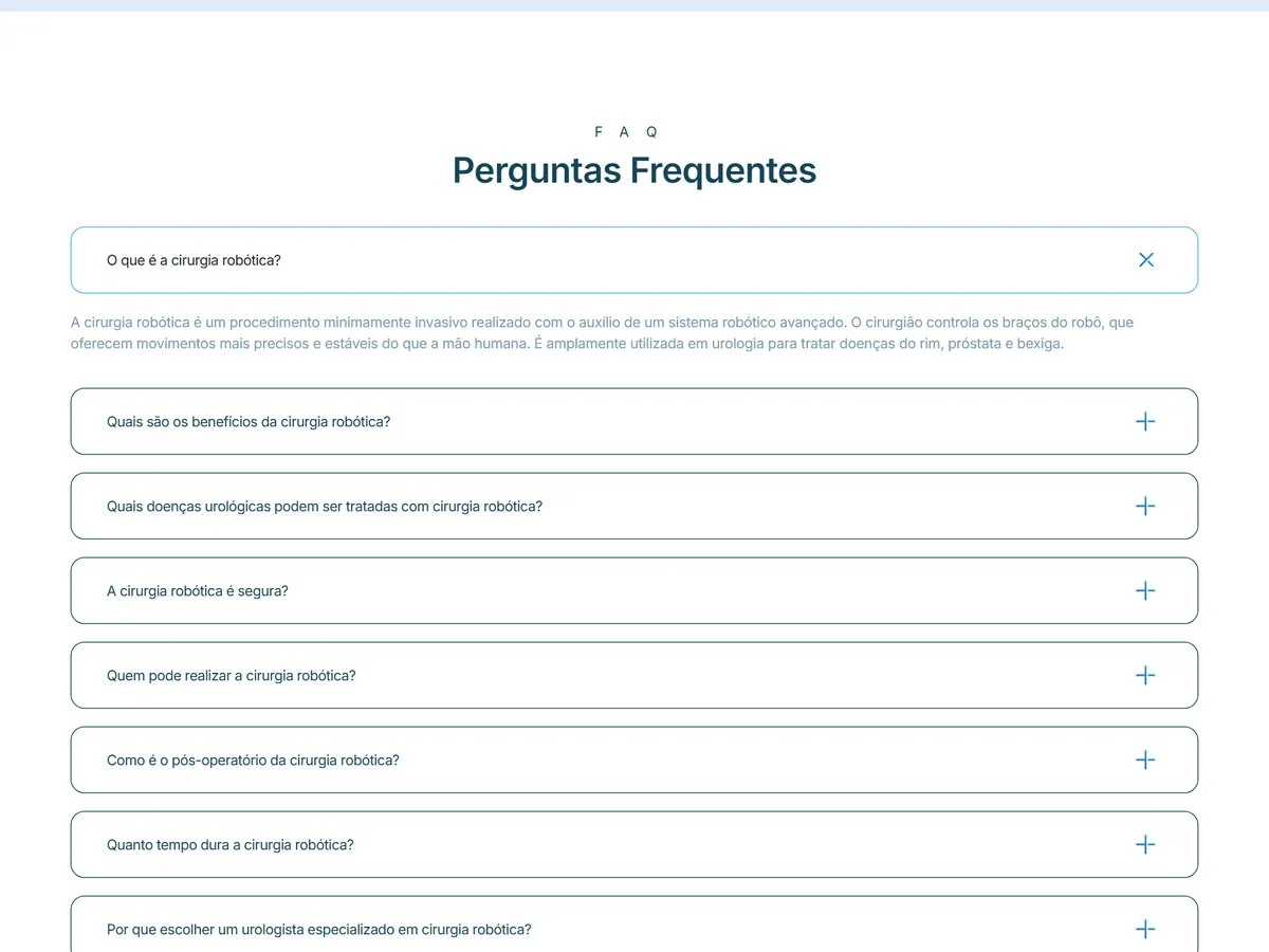 As perguntas frequentes do site, com a primeira aberta explicando o que é a cirurgia robótica