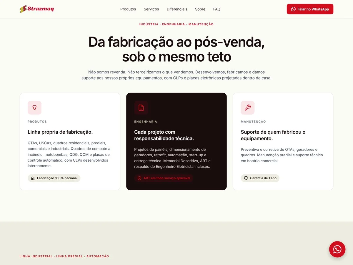 Três cartões sobre fabricação própria, projeto com responsabilidade técnica e suporte de quem fabricou