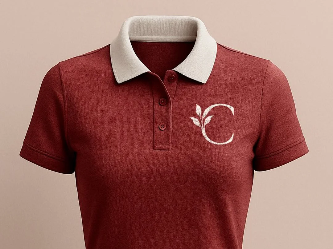 Camisa polo vinho com gola creme e o monograma C com ramo no peito