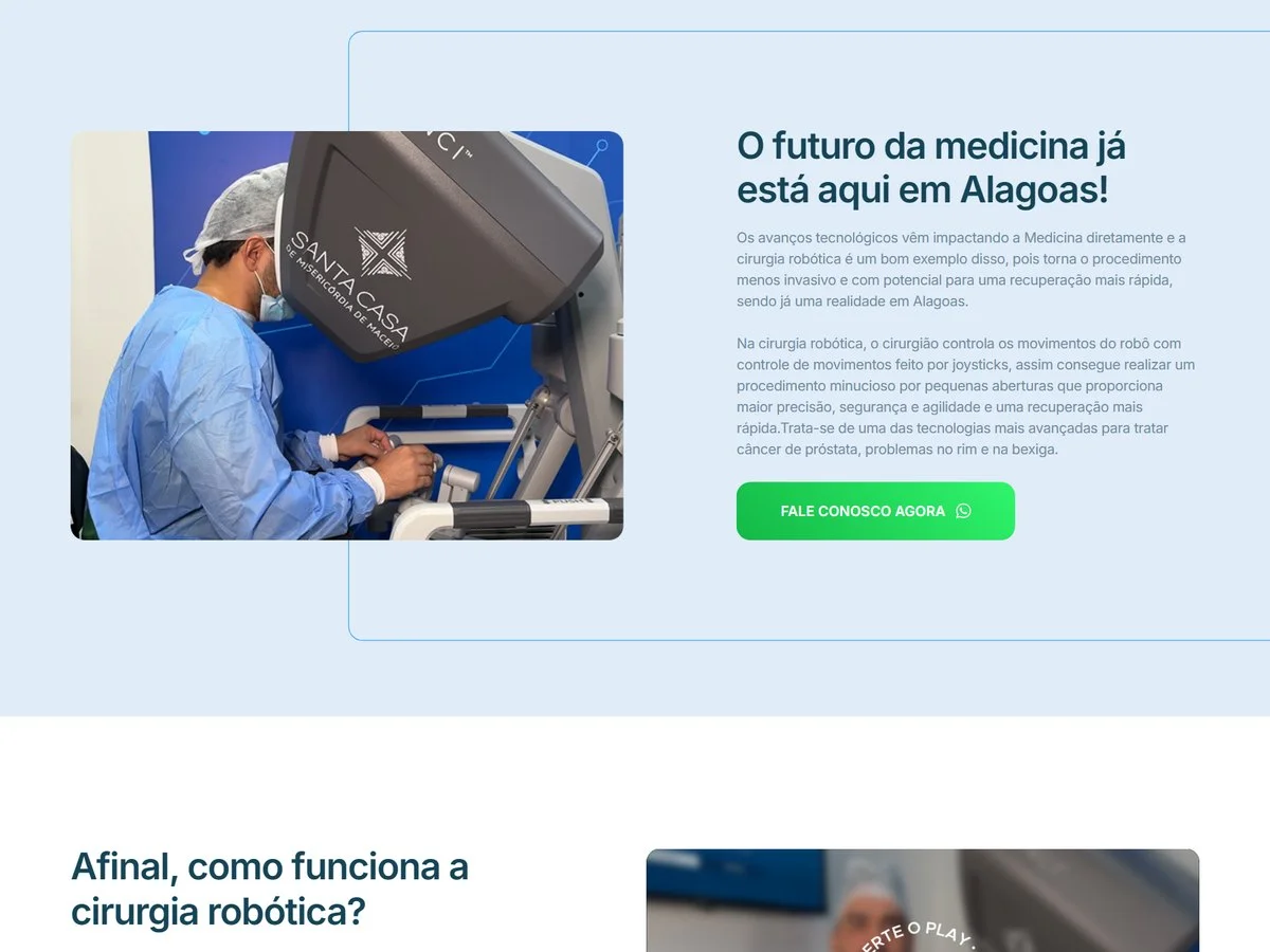 Seção do site com a foto de uma cirurgia com o robô e o texto sobre a cirurgia robótica em Alagoas