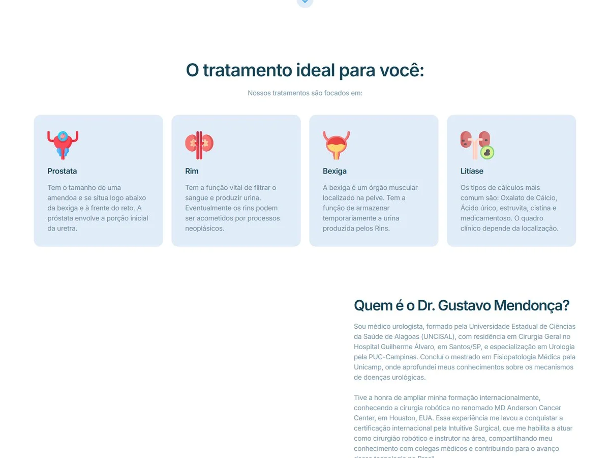 Quatro cartões de tratamento, próstata, rim, bexiga e litíase, cada um com um ícone do órgão