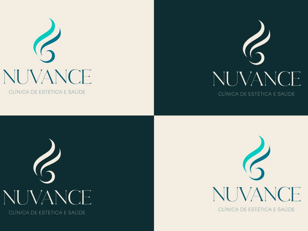 O logo da Nuvance em quatro quadros, em azul sobre areia e em branco sobre azul-petróleo